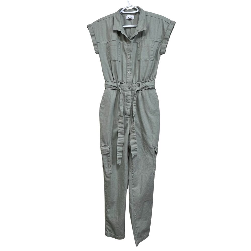 Japna XS Utility Cargo Jumpsuit Sage Green Belted Cotton Cap Sleeve Button Front